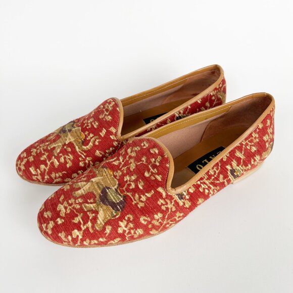 Vintage Smoking Loafer Slip On Flats Slipper Leather Knit Tapestry Eclectic 90s - Picture 3 of 8